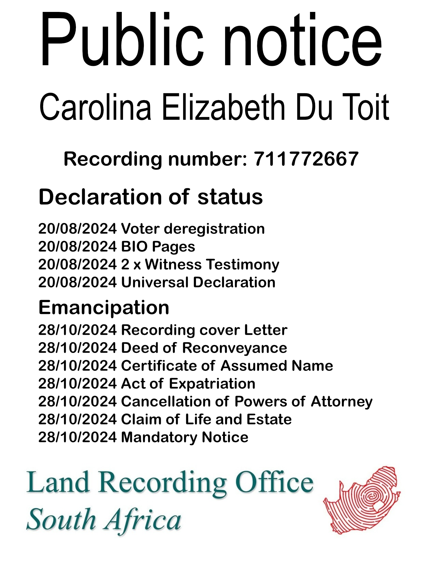 Public notice Carolina Elizabeth Du Toit Recording number 711772667